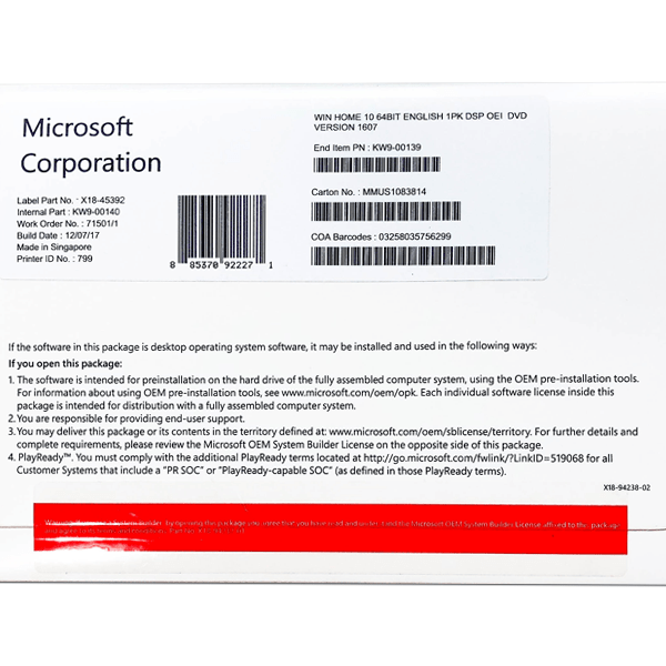 MICROSOFT WINDOWS 10 HOME 64 BIT ENG (OEM) [SKU-KW9-00139]