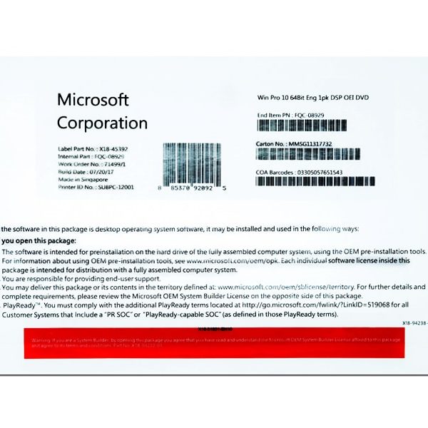 MICROSOFT WINDOWS 10 PROFESSIONAL 64 BIT ENG (OEM) [SKU-FQC-08929]