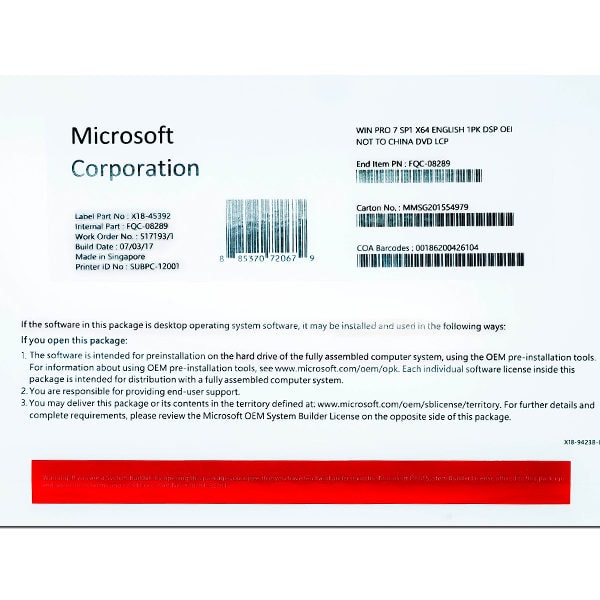 MICROSOFT WINDOWS 7 PROFESSIONAL 64BIT ENG (OEM) [SKU-FQC-08289]