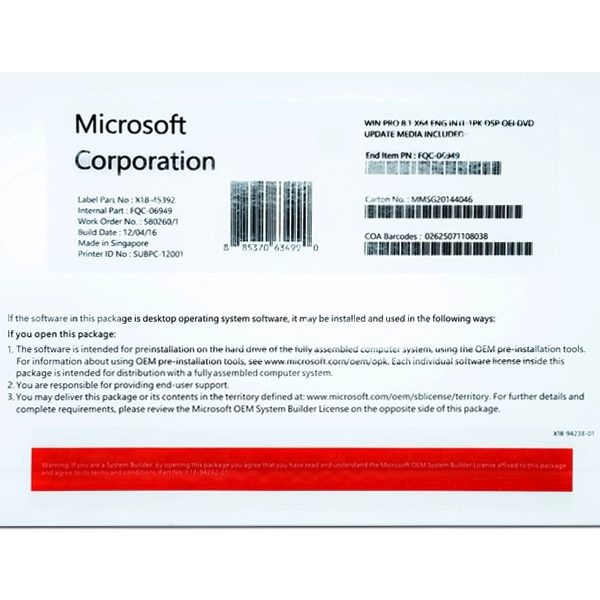 MICROSOFT WINDOWS 8.1 PROFESSIONAL 64BIT ENG (OEM) [SKU-FQC-06949]