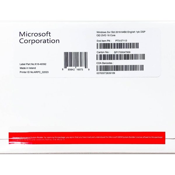 MICROSOFT WINDOWS SERVER STD(Standard) 2016 64Bit English 1pk DSP OEI DVD 16 Core