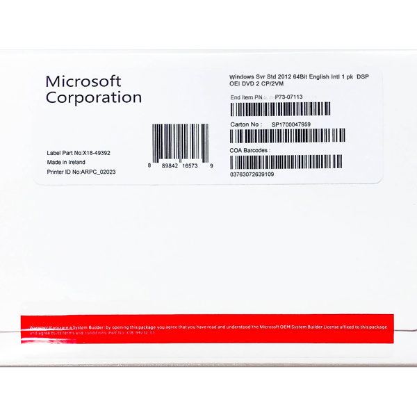 MICROSOFT WINDOWS SERVER STD(Standard) 2012 X64 English Intl 1pk DSP OEI DVD 2CPU/2VM